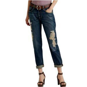 Lauren Ralph Lauren Women's Lace Patchwork Relaxed Tapered Blue Jeans Plus 14